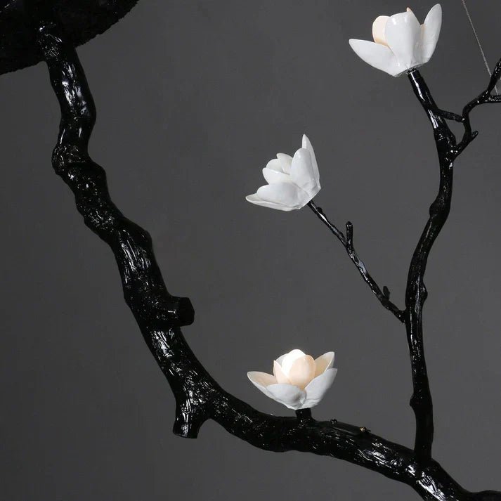 Noir Magnolia Branch & Porcelain Bloom Chandelier - Cyran Lamps