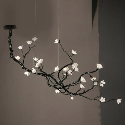 Noir Magnolia Branch & Porcelain Bloom Chandelier - Cyran Lamps