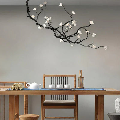 Noir Magnolia Branch & Porcelain Bloom Chandelier - Cyran Lamps