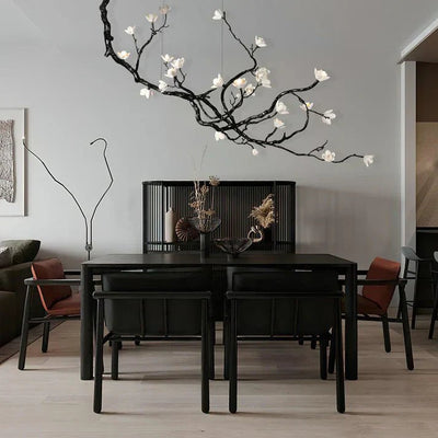 Noir Magnolia Branch & Porcelain Bloom Chandelier - Cyran Lamps