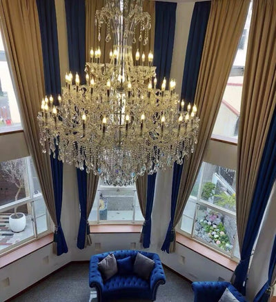 Oversized Luxury Traditional Gold/Chrome Candle Branch Crystal Chandelier for 2 - story/Duplex Buildings - cyranlamps