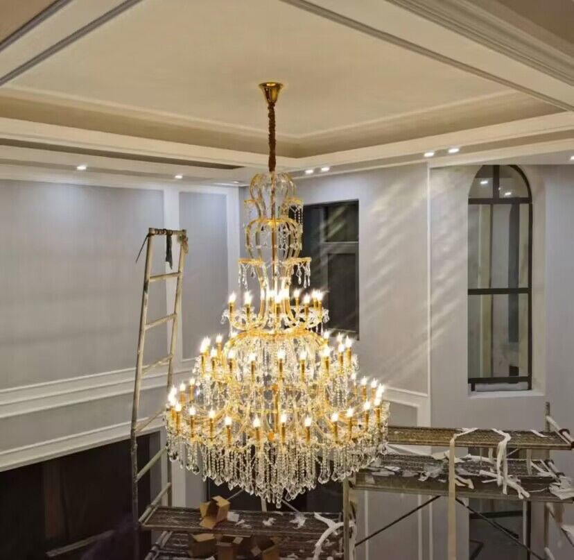 Oversized Luxury Traditional Gold/Chrome Candle Branch Crystal Chandelier for 2 - story/Duplex Buildings - cyranlamps