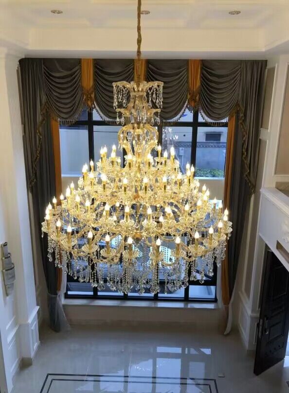 Oversized Luxury Traditional Gold/Chrome Candle Branch Crystal Chandelier for 2 - story/Duplex Buildings - cyranlamps