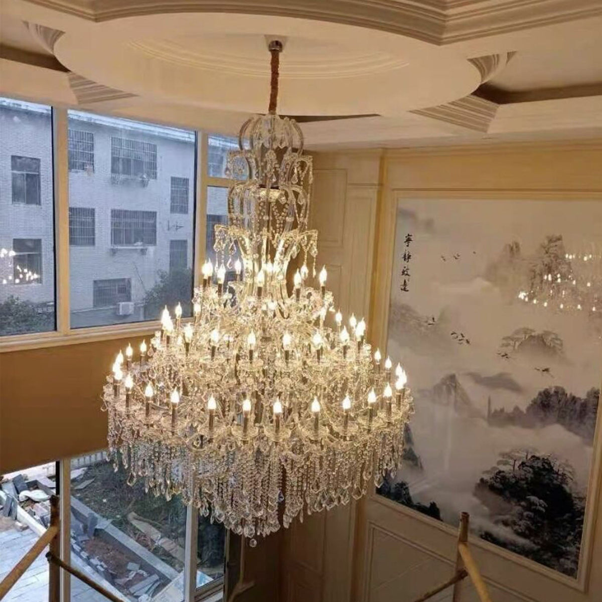 Oversized Luxury Traditional Gold/Chrome Candle Branch Crystal Chandelier for 2 - story/Duplex Buildings - cyranlamps
