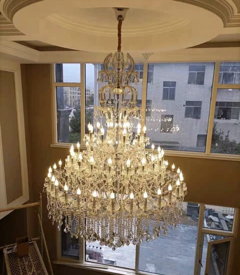 Oversized Luxury Traditional Gold/Chrome Candle Branch Crystal Chandelier for 2 - story/Duplex Buildings - cyranlamps