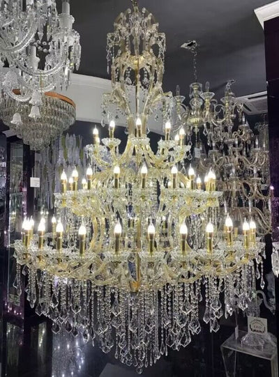 Oversized Luxury Traditional Gold/Chrome Candle Branch Crystal Chandelier for 2 - story/Duplex Buildings - cyranlamps