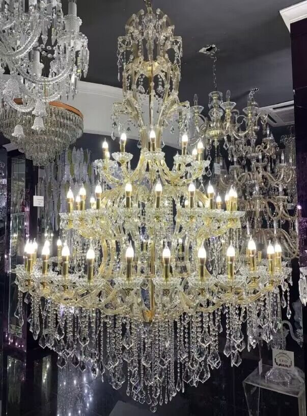 Oversized Luxury Traditional Gold/Chrome Candle Branch Crystal Chandelier for 2 - story/Duplex Buildings - cyranlamps