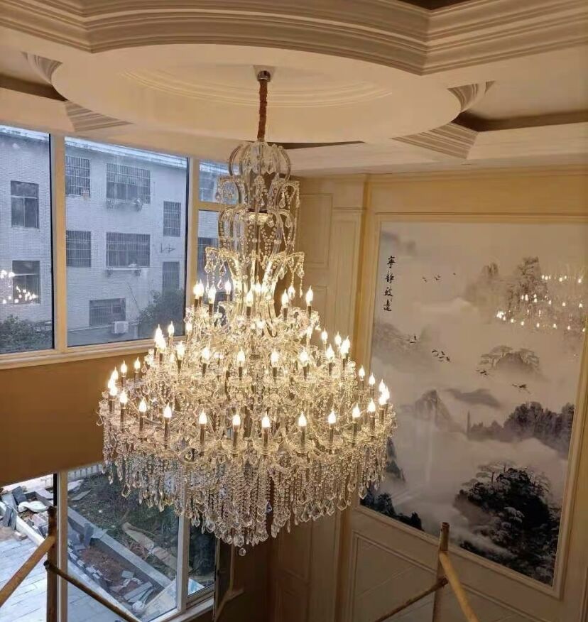 Oversized Luxury Traditional Gold/Chrome Candle Branch Crystal Chandelier for 2 - story/Duplex Buildings - cyranlamps
