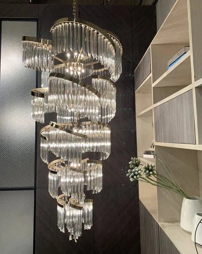 Oversized Modern Designer Creative Multi - tiered Luxury Spiral Crystal Chandelier For High - ceiling Foyer/Entryway/Hallway - cyranlamps