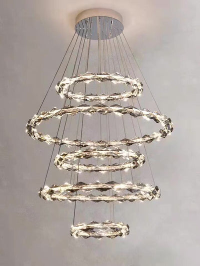 Oversized Multi - Tiered Rings Crystal Chandelier Modern Clear and Grey Crystal Ceiling Light Fixture For Staircase/Foyer/Hallway/Entryway - cyranlamps