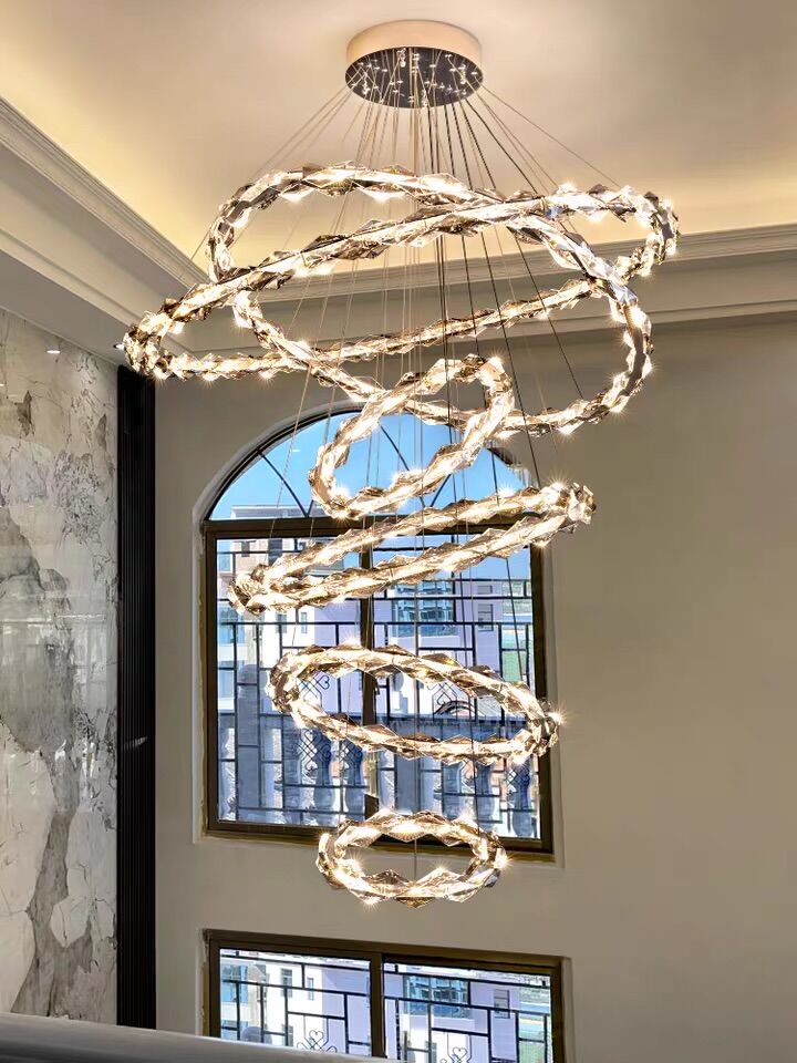 Oversized Multi - Tiered Rings Crystal Chandelier Modern Clear and Grey Crystal Ceiling Light Fixture For Staircase/Foyer/Hallway/Entryway - cyranlamps