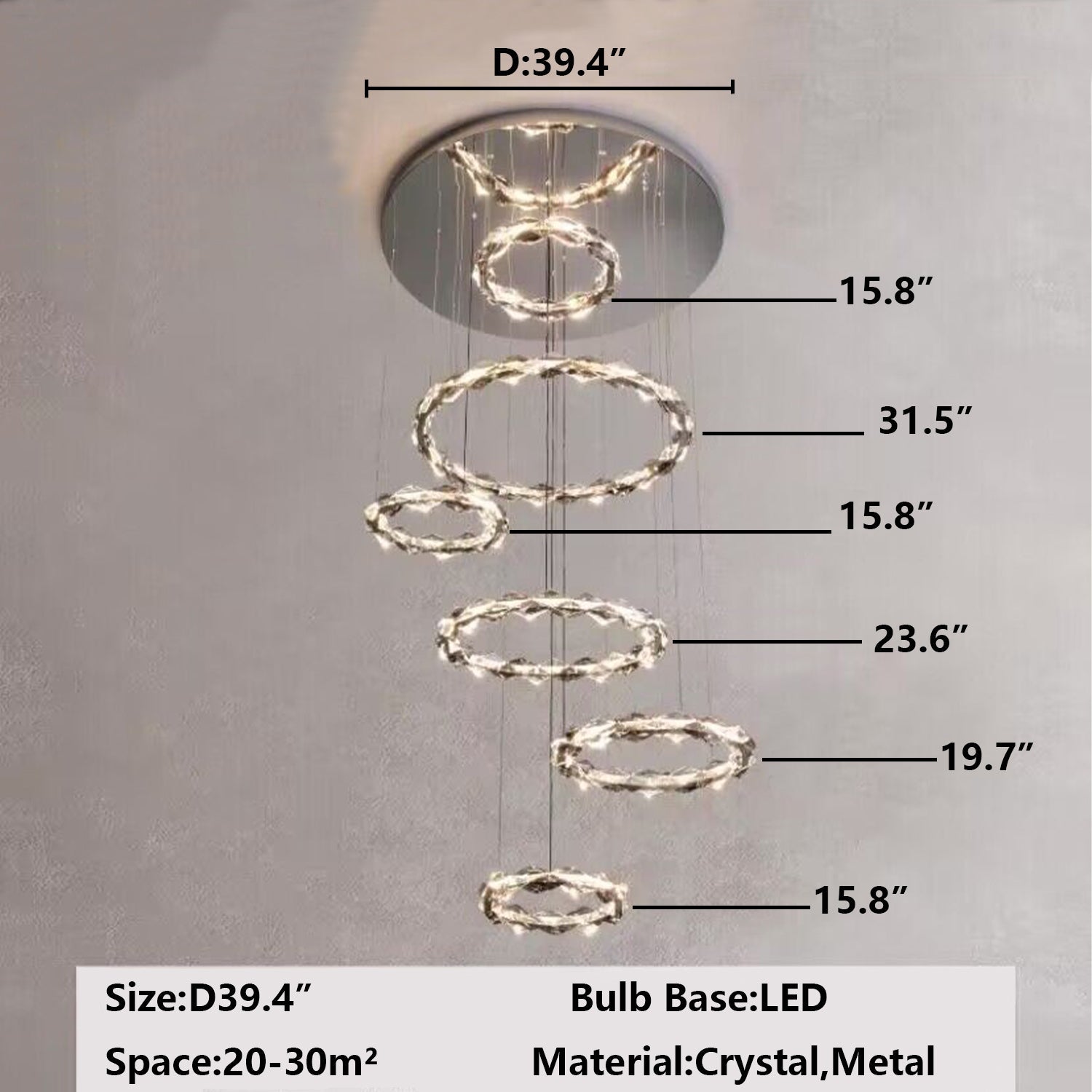 Oversized Multi - Tiered Rings Crystal Chandelier Modern Clear and Grey Crystal Ceiling Light Fixture For Staircase/Foyer/Hallway/Entryway - cyranlamps