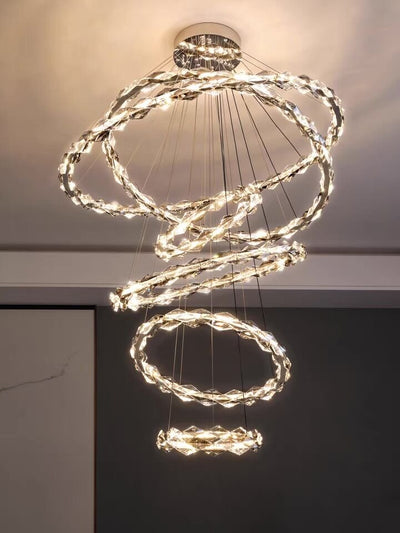 Oversized Multi - Tiered Rings Crystal Chandelier Modern Clear and Grey Crystal Ceiling Light Fixture For Staircase/Foyer/Hallway/Entryway - cyranlamps