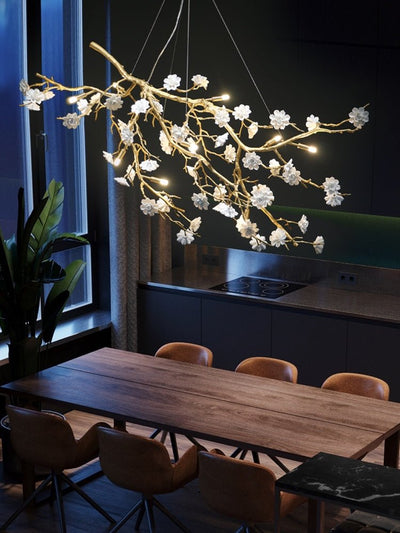 Post - Modern Art Brass and Ceramics Flower Pendant Branch Chandelier for Living/Dining Room - cyranlamps