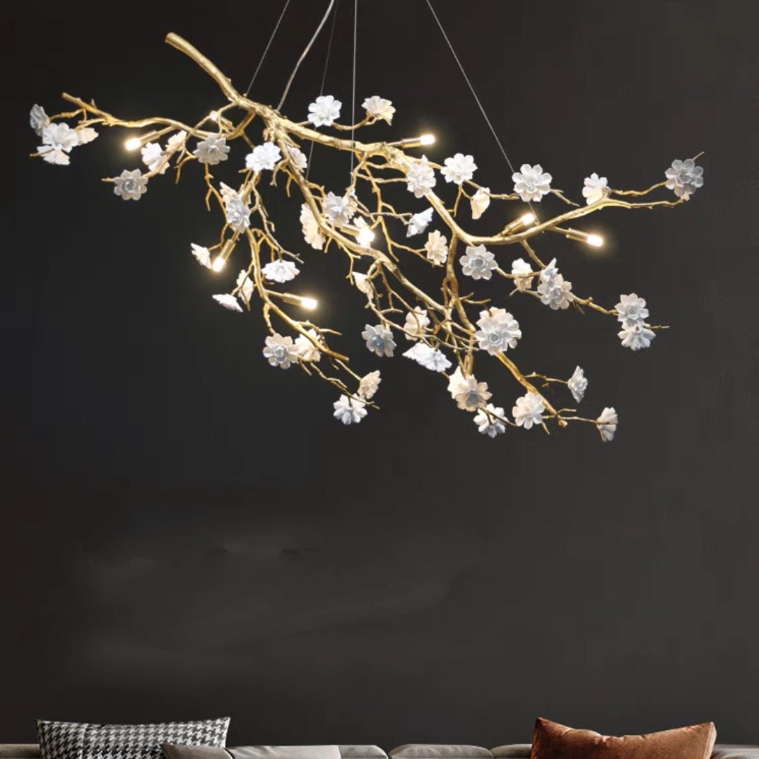 Post - Modern Art Brass and Ceramics Flower Pendant Branch Chandelier for Living/Dining Room - cyranlamps
