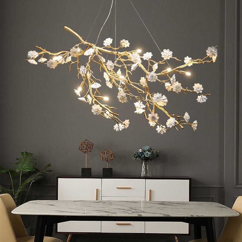 Post - Modern Art Brass and Ceramics Flower Pendant Branch Chandelier for Living/Dining Room - cyranlamps