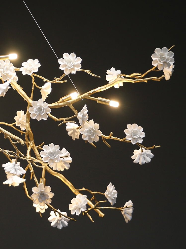 Post - Modern Art Brass and Ceramics Flower Pendant Branch Chandelier for Living/Dining Room - cyranlamps