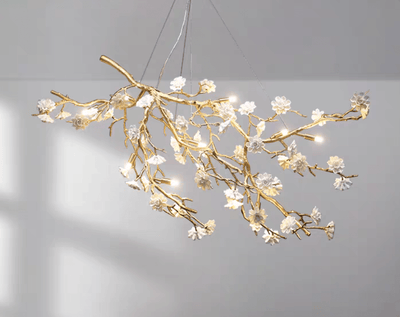 Post - Modern Art Brass and Ceramics Flower Pendant Branch Chandelier for Living/Dining Room - cyranlamps