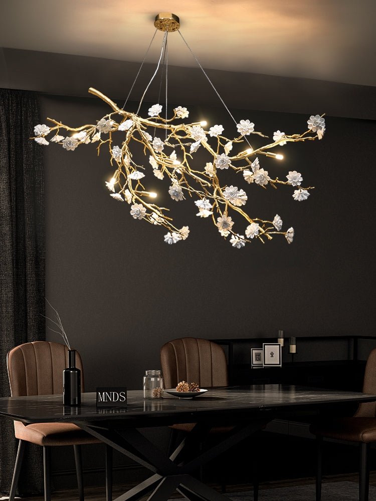 Post - Modern Art Brass and Ceramics Flower Pendant Branch Chandelier for Living/Dining Room - cyranlamps