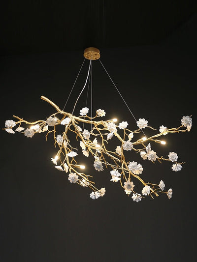 Post - Modern Art Brass and Ceramics Flower Pendant Branch Chandelier for Living/Dining Room - cyranlamps