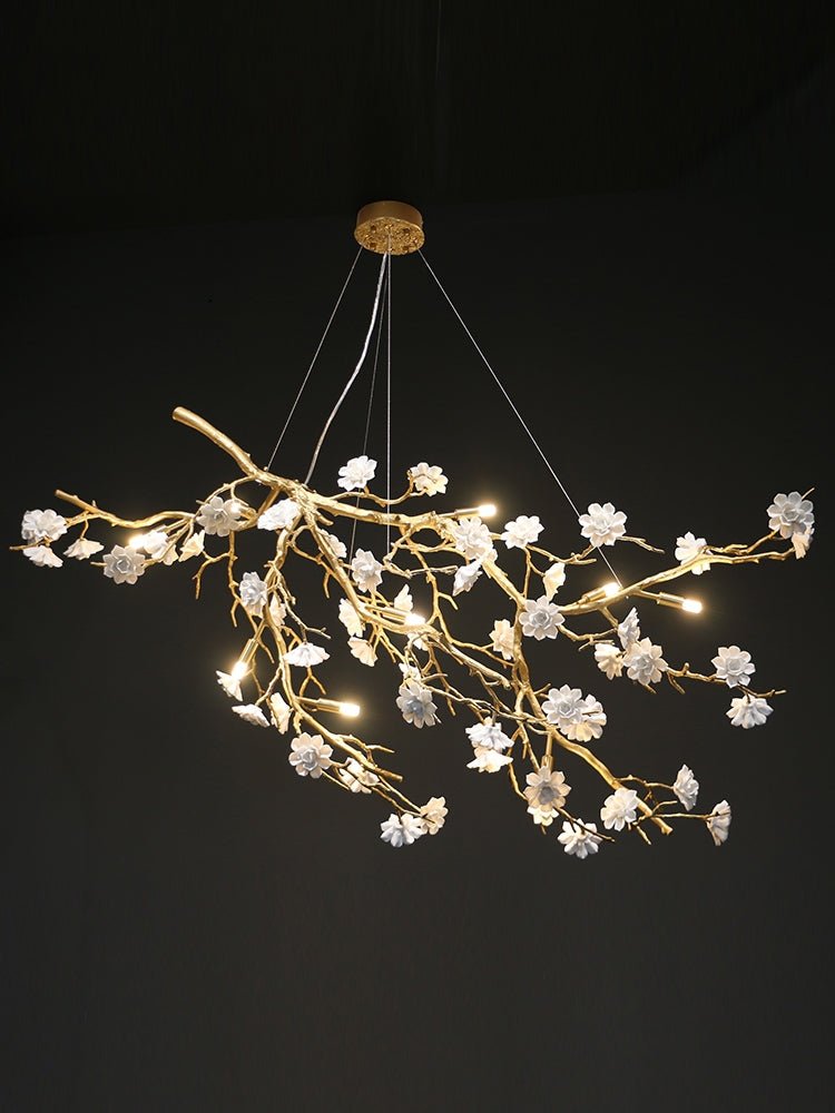 Post - Modern Art Brass and Ceramics Flower Pendant Branch Chandelier for Living/Dining Room - cyranlamps