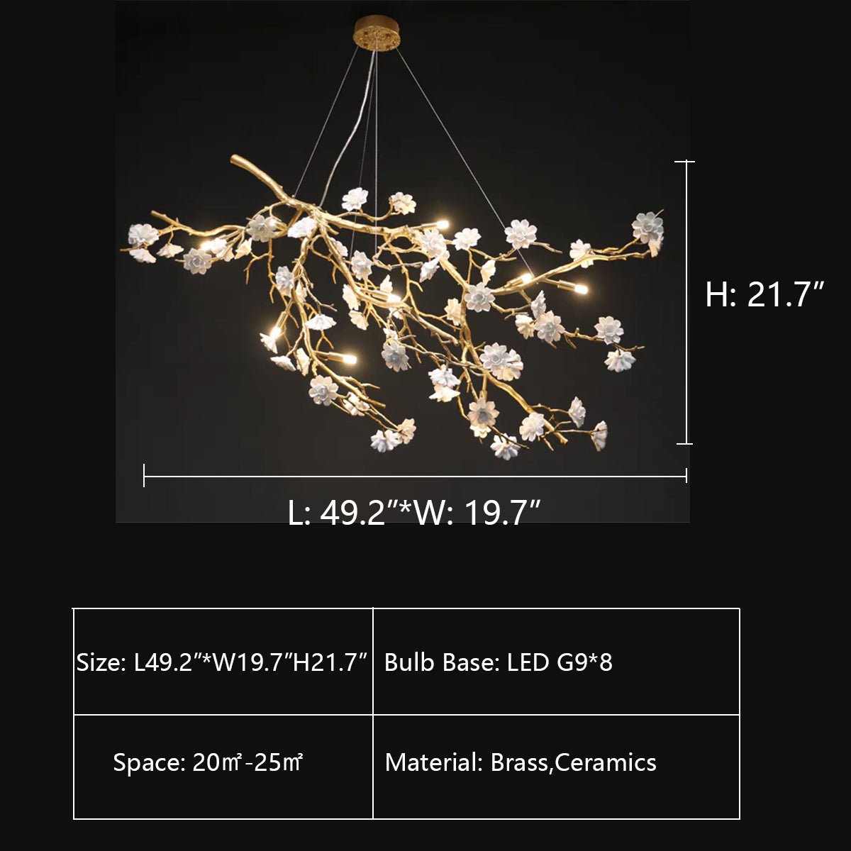 Post - Modern Art Brass and Ceramics Flower Pendant Branch Chandelier for Living/Dining Room - cyranlamps