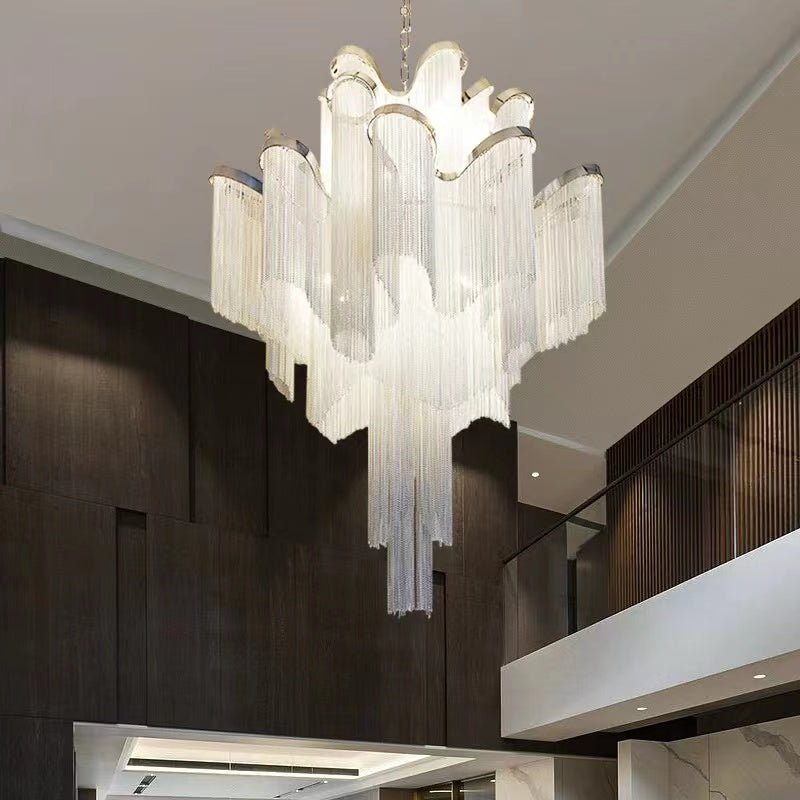 Post - Modern Extra Large Stainless Steel Long Tassel Chandelier for Large Living Room / Staircase / Villa / Duplexes - cyranlamps
