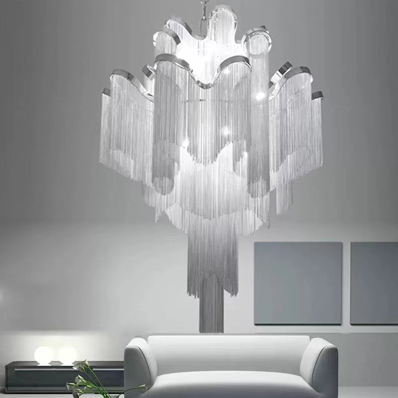 Post - Modern Extra Large Stainless Steel Long Tassel Chandelier for Large Living Room / Staircase / Villa / Duplexes - cyranlamps