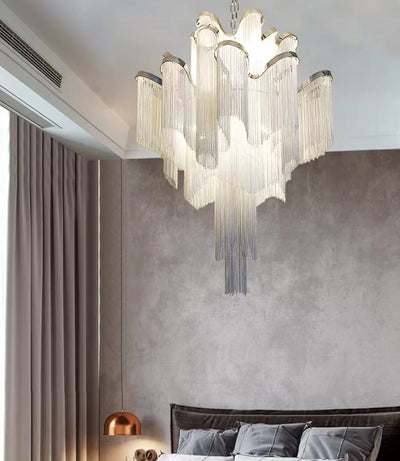 Post - Modern Extra Large Stainless Steel Long Tassel Chandelier for Large Living Room / Staircase / Villa / Duplexes - cyranlamps