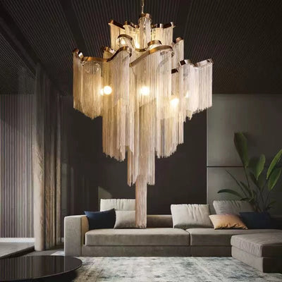 Post - Modern Extra Large Stainless Steel Long Tassel Chandelier for Large Living Room / Staircase / Villa / Duplexes - cyranlamps