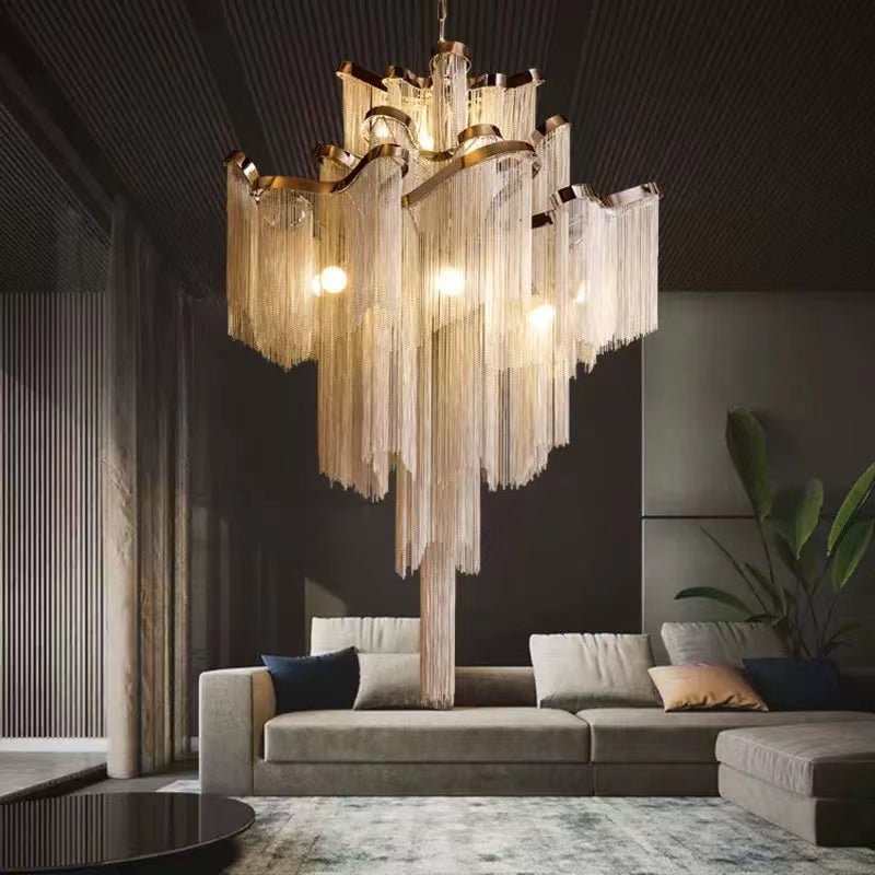 Post - Modern Extra Large Stainless Steel Long Tassel Chandelier for Large Living Room / Staircase / Villa / Duplexes - cyranlamps