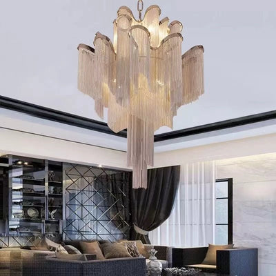 Post - Modern Extra Large Stainless Steel Long Tassel Chandelier for Large Living Room / Staircase / Villa / Duplexes - cyranlamps