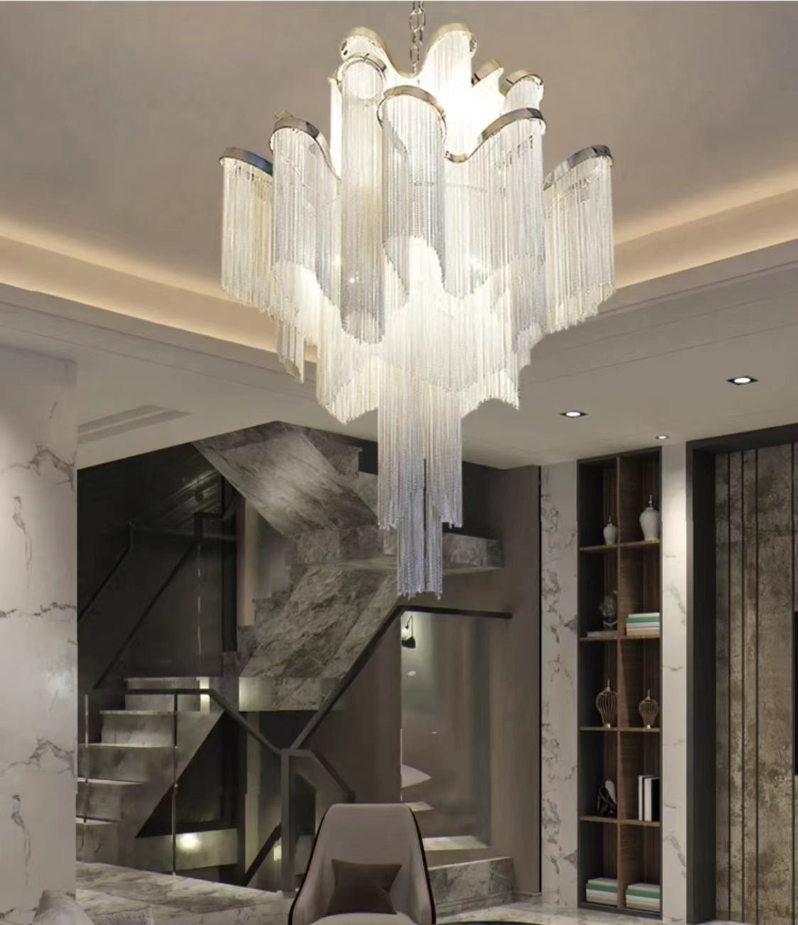 Post - Modern Extra Large Stainless Steel Long Tassel Chandelier for Large Living Room / Staircase / Villa / Duplexes - cyranlamps