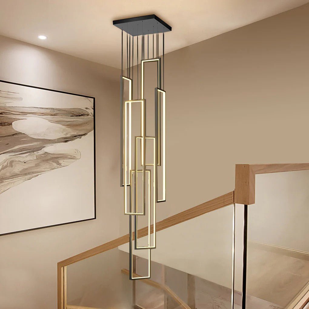 Rectangular Frame Aluminum LED Black Nordic Duplex Stair Chandelier - Cyran Lamps