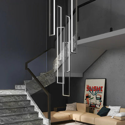 Rectangular Frame Aluminum LED Black Nordic Duplex Stair Chandelier - Cyran Lamps