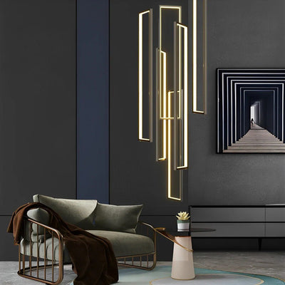 Rectangular Frame Aluminum LED Black Nordic Duplex Stair Chandelier - Cyran Lamps