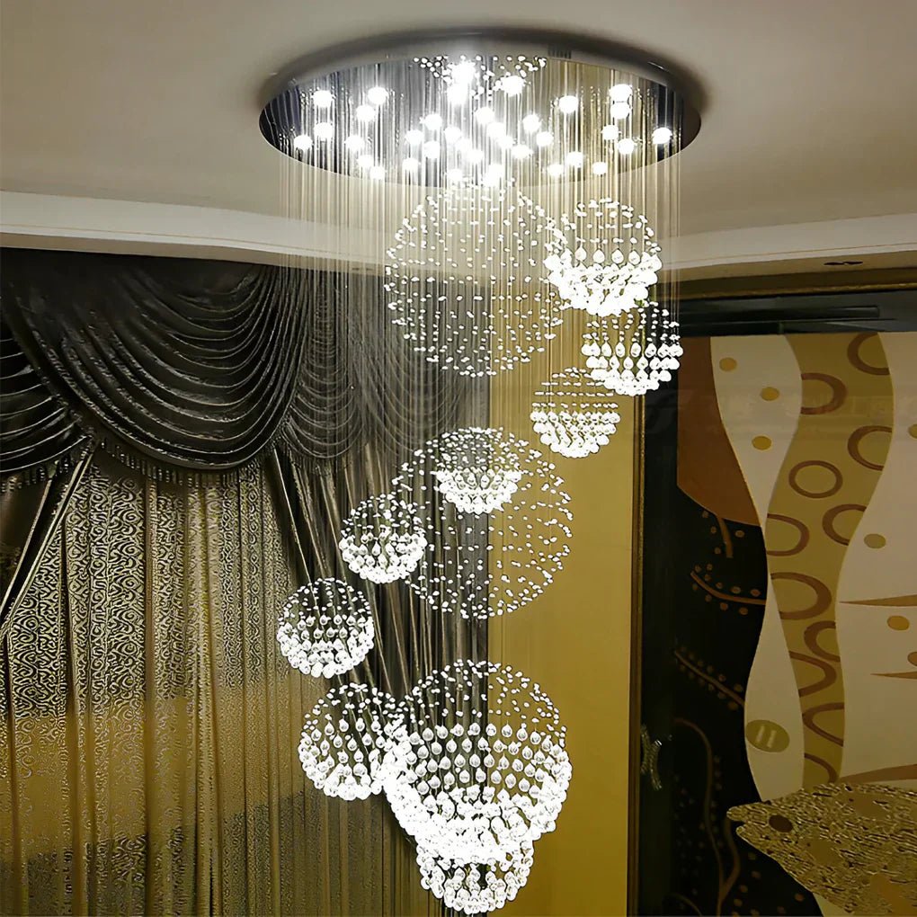 Spiral Raindrop Crystal Ball Three Step Dimming LED Staircase Chandelier - Cyran Lamps