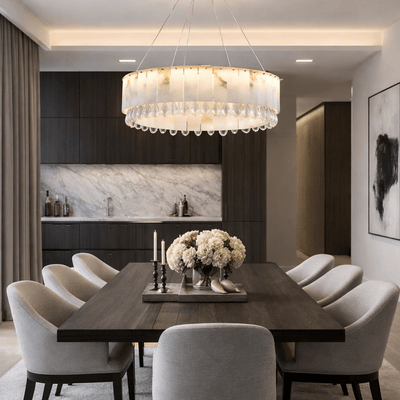 Stuart 31" Modern Marble & Crystal Round Chandelier - cyranlamps