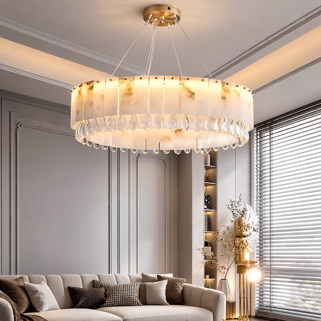 Stuart 31" Modern Marble & Crystal Round Chandelier - cyranlamps