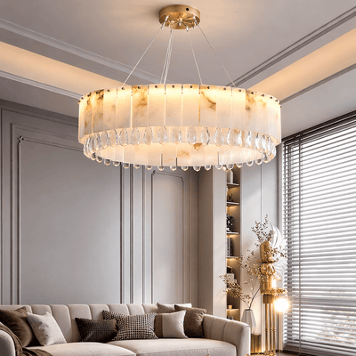 Stuart 31" Modern Marble & Crystal Round Chandelier - cyranlamps