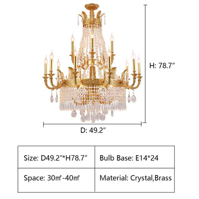 Stunning Oversized Luxury Golden Metal Candle Crystal Tassel Chandelier For High - ceiling Staircase/Entryway/Living/Meeting Room - 3 Layers: D 49.2" * H 78.7"Warm LightCyranlamps